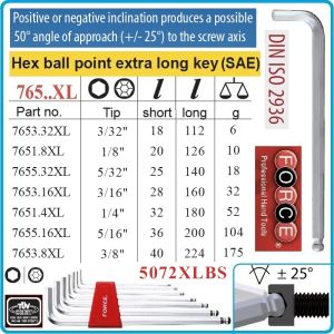 Шестограми Г-образни, inch/zoll, от 3/32"-3/8", за работа под ъгъл 25°, к-т 7 броя, дълги XL, DIN2936, Force, 5072XLBS.