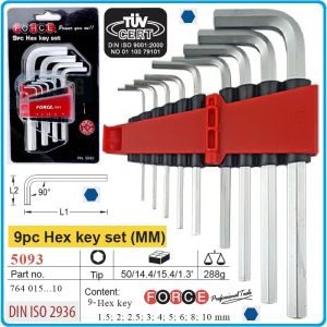 Шестограми Г-образни, от 1.5-10mm, двустранни на 90°, к-т 9 броя, къси, DIN2936, Force, 5093.