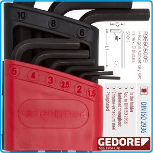 Шестограми Г-образни, от 1.5-10mm, двустранни на 90°, к-т 9 броя, къси, DIN2936, Gedore, R36605009.