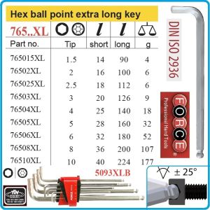 Шестограми Г-образни, от 1.5-10mm, за работа под ъгъл 25°, к-т 9 броя, дълги XL, DIN2936, Force, 5093XLB.