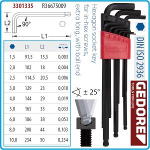 Шестограми Г-образни, от 1.5-10mm, за работа под ъгъл 25°, к-т 9 броя, дълги XL, DIN2936, Gedore, R36675009.
