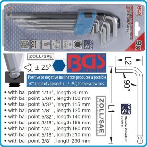 Шестограми Г-образни, inch/zoll, от 1/16"-3/8", за работа под ъгъл 25°, к-т 9 броя, дълги XL, DIN2936, BGS, 799.