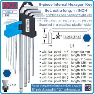 Шестограми Г-образни, inch/zoll, от 1/16"-3/8", за работа под ъгъл 25°, к-т 9 броя, дълги XL, DIN2936, BGS, 799.