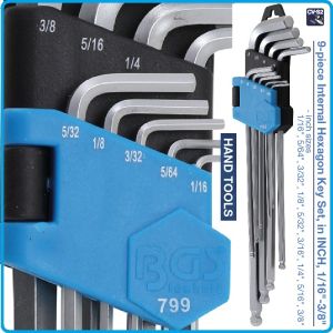 Шестограми Г-образни, inch/zoll, от 1/16"-3/8", за работа под ъгъл 25°, к-т 9 броя, дълги XL, DIN2936, BGS, 799.
