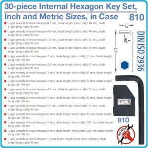 Шестограми Г-образни, Inch/Metric, к-т 30 броя, от 0.028“-3/8" + 0.7-10mm, къси на 90°, Kraftmann, 810.