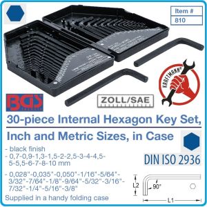 Шестограми Г-образни, Inch/Metric, к-т 30 броя, от 0.028“-3/8" + 0.7-10mm, къси на 90°, Kraftmann, 810.