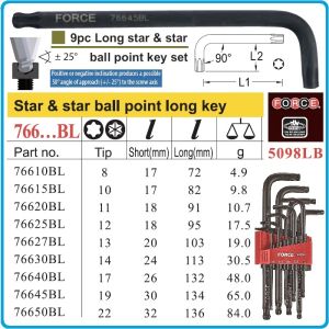 Шестограми Г-образни Torx, от T10-T50, к-т 9 броя, за работа под ъгъл 25°, дълги L, ISO10664, Force, 5098LB.
