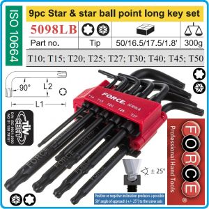 Шестограми Г-образни Torx, от T10-T50, к-т 9 броя, за работа под ъгъл 25°, дълги L, ISO10664, Force, 5098LB.