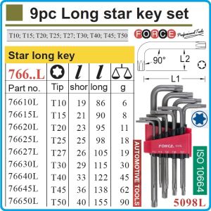 Шестограми Г-образни Torx, от T10-T50, к-т 9 броя, свити на 90°, дълги L, ISO10664, Force, 5098L.