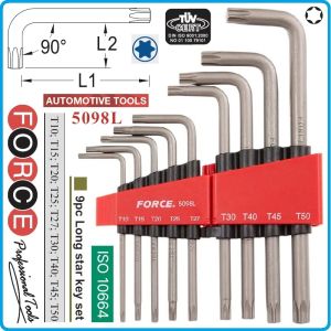 Шестограми Г-образни Torx, от T10-T50, к-т 9 броя, свити на 90°, дълги L, ISO10664, Force, 5098L.