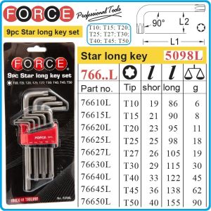 Шестограми Г-образни Torx, от T10-T50, к-т 9 броя, свити на 90°, дълги L, ISO10664, Force, 5098L.