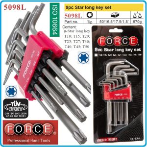 Шестограми Г-образни Torx, от T10-T50, к-т 9 броя, свити на 90°, дълги L, ISO10664, Force, 5098L.