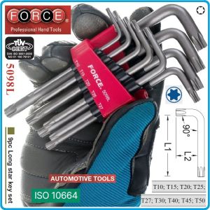 Шестограми Г-образни Torx, от T10-T50, к-т 9 броя, свити на 90°, дълги L, ISO10664, Force, 5098L.
