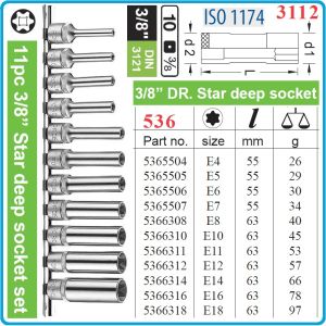 Вложки E-Torx, к-т 11бр, дълги h63mm, E4/18L, на 3/8"-10mm, Force, 3112