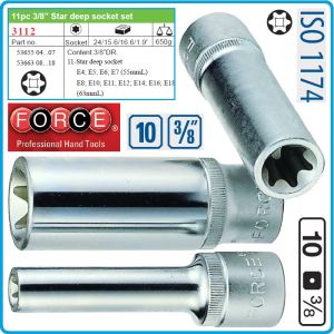 Вложки E-Torx, к-т 11бр, дълги h63mm, E4/18L, на 3/8"-10mm, Force, 3112