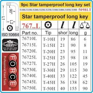 Шестограми Г-Torx с отвор, к-т 9 броя, от T10H-T50H, свити на 90°, дълги L, ISO10664, Force, 5098LT.