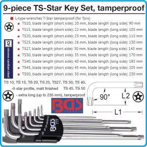 Петограми Г-Torx с отвор, к-т 9 броя, от TS10H-TS50H, свити на 90°, дълги XLTSH, ISO10664, BGS, 777.