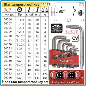 Шестограми Г-Torx с отвор, к-т 15 броя, от T6H-T60H, свити на 90°, къси, ISO10664, Force, 5151T.