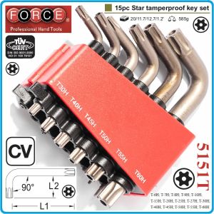 Шестограми Г-Torx с отвор, к-т 15 броя, от T6H-T60H, свити на 90°, къси, ISO10664, Force, 5151T.