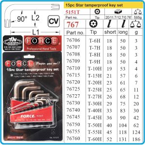 Шестограми Г-Torx с отвор, к-т 15 броя, от T6H-T60H, свити на 90°, къси, ISO10664, Force, 5151T.