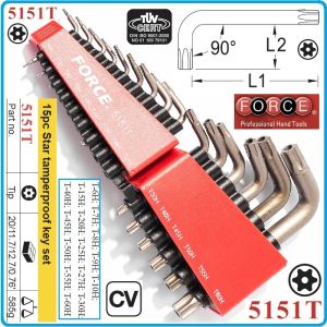 Шестограми Г-Torx с отвор, к-т 15 броя, от T6H-T60H, свити на 90°, къси, ISO10664, Force, 5151T.