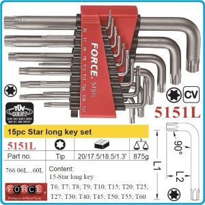 Шестограми Г-обр Torx, к-т 15 броя, от T6-T60, свити на 90°, дълги TxL, ISO10664, Force, 5151L.