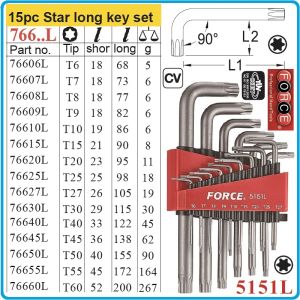 Шестограми Г-обр Torx, к-т 15 броя, от T6-T60, свити на 90°, дълги TxL, ISO10664, Force, 5151L.