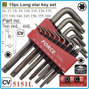 Шестограми Г-обр Torx, к-т 15 броя, от T6-T60, свити на 90°, дълги TxL, ISO10664, Force, 5151L.