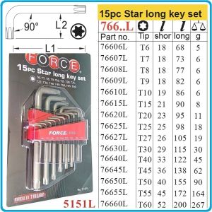 Шестограми Г-обр Torx, к-т 15 броя, от T6-T60, свити на 90°, дълги TxL, ISO10664, Force, 5151L.