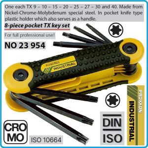 Шестограми Torx сгъваеми, 0 - 180°, от T9-T40, к-т 8 броя, къси, ISO 10664, Proxxon, 23954.