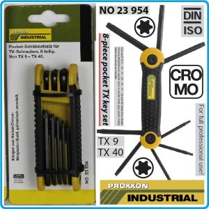 Шестограми Torx сгъваеми, 0 - 180°, от T9-T40, к-т 8 броя, къси, ISO 10664, Proxxon, 23954.