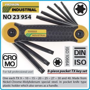 Шестограми Torx сгъваеми, 0 - 180°, от T9-T40, к-т 8 броя, къси, ISO 10664, Proxxon, 23954.