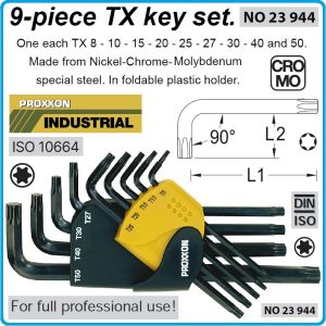 Шестограми Г-образни Torx, к-т 9 броя, от T8-T50, свити на 90°, дълги L, ISO10664, Proxxon, 23944.