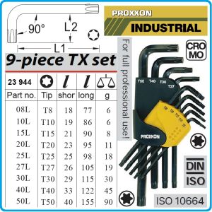 Шестограми Г-образни Torx, к-т 9 броя, от T8-T50, свити на 90°, дълги L, ISO10664, Proxxon, 23944.