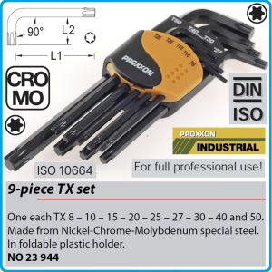 Шестограми Г-образни Torx, к-т 9 броя, от T8-T50, свити на 90°, дълги L, ISO10664, Proxxon, 23944.