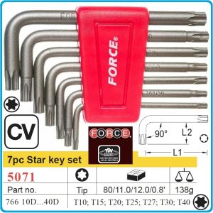 Шестограми Г-образни Torx, к-т 7 броя, от T10-T40, свити на 90°, къси, ISO10664, Force, 5071.