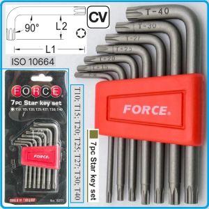 Шестограми Г-образни Torx, к-т 7 броя, от T10-T40, свити на 90°, къси, ISO10664, Force, 5071.