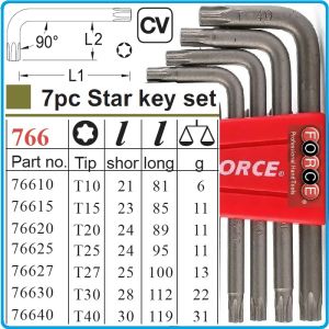 Шестограми Г-образни Torx, к-т 7 броя, от T10-T40, свити на 90°, къси, ISO10664, Force, 5071.