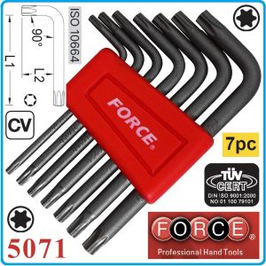 Шестограми Г-образни Torx, к-т 7 броя, от T10-T40, свити на 90°, къси, ISO10664, Force, 5071.