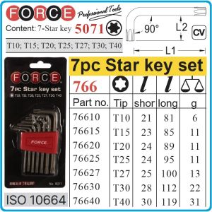 Шестограми Г-образни Torx, к-т 7 броя, от T10-T40, свити на 90°, къси, ISO10664, Force, 5071.