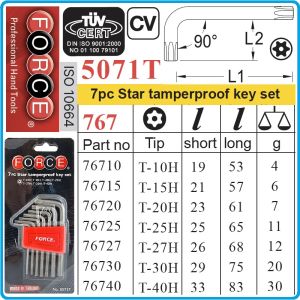 Шестограми Г-Torx с отвор, к-т 7 броя, от T10H-T40H, свити на 90°, къси, ISO10664, Force, 5071T.