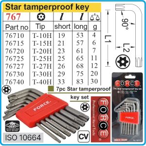 Шестограми Г-Torx с отвор, к-т 7 броя, от T10H-T40H, свити на 90°, къси, ISO10664, Force, 5071T.