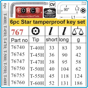 Шестограми Г-Torx с отвор, к-т 6 броя, от T40H-T60H, свити на 90°, къси, ISO10664, Force, 5063T.
