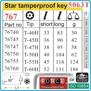 Шестограми Г-Torx с отвор, к-т 6 броя, от T40H-T60H, свити на 90°, къси, ISO10664, Force, 5063T.