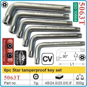 Шестограми Г-Torx с отвор, к-т 6 броя, от T40H-T60H, свити на 90°, къси, ISO10664, Force, 5063T.