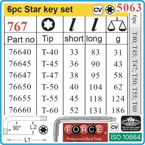 Шестограми Г-образни Torx, к-т 6 броя, от T40-T60, свити на 90°, къси, ISO10664, Force, 5063.