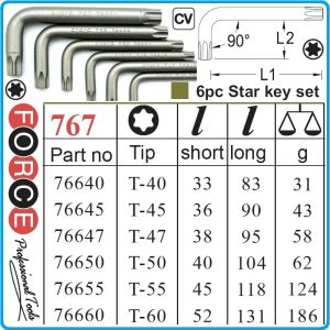 Шестограми Г-образни Torx, к-т 6 броя, от T40-T60, свити на 90°, къси, ISO10664, Force, 5063.