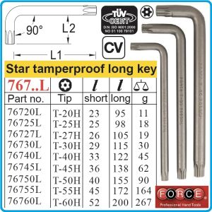 Шестограми Г-Torx с отвор, к-т 9 броя, от T20H-T60H, свити на 90°, дълги L, ISO10664, Force, 5099LT.