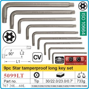 Шестограми Г-Torx с отвор, к-т 9 броя, от T20H-T60H, свити на 90°, дълги L, ISO10664, Force, 5099LT.