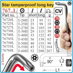 Шестограми Г-Torx с отвор, к-т 9 броя, от T20H-T60H, свити на 90°, дълги L, ISO10664, Force, 5099LT.